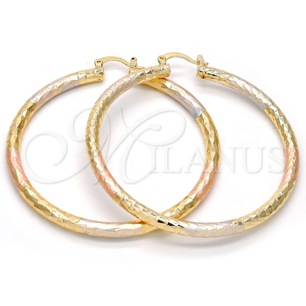 Gold Filled Hoop Earrings — Large Hoop Hollow Design Diamond Cutting Tricolor 02. — main product view — SKU 108579 | Oro Laminado aretes de aro — Large Hoop Hollow diseño Diamond Cutting Tricolor 02. — SKU 108579