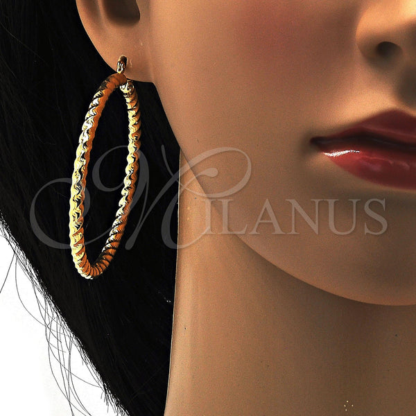 Gold Filled Hoop Earrings — Large Hoop Hollow and Twist Design Diamond Cutting — alternate product view — SKU 108582 | Oro Laminado aretes de aro — Large Hoop Hollow and Twist diseño Diamond Cutting — SKU 108582