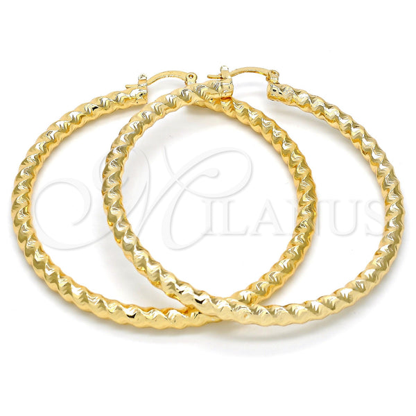 Gold Filled Hoop Earrings — Large Hoop Hollow and Twist Design Diamond Cutting — main product view — SKU 108582 | Oro Laminado aretes de aro — Large Hoop Hollow and Twist diseño Diamond Cutting — SKU 108582