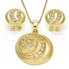 Oro Laminado Earring and Pendant Adult Set, Gold Filled Style Greek Key Design, with White Crystal, Polished, Golden Finish, 10.160.0052