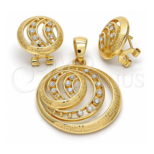 Oro Laminado Earring and Pendant Adult Set, Gold Filled Style Greek Key Design, with White Crystal, Polished, Golden Finish, 10.160.0052
