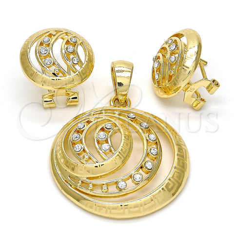 Oro Laminado Earring and Pendant Adult Set, Gold Filled Style Greek Key Design, with White Crystal, Polished, Golden Finish, 10.160.0052