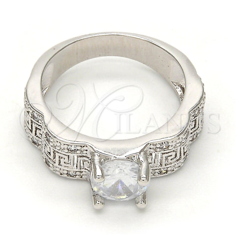 Rhodium Plated Multi Stone Ring, Greek Key Design, with White Cubic Zirconia and White Micro Pave, Polished, Rhodium Finish, 01.99.0051.1.08 (Size 8)