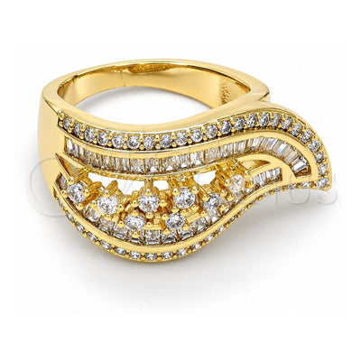 Oro Laminado Multi Stone Ring, Gold Filled Style Baguette Design, with White Cubic Zirconia and White Micro Pave, Polished, Golden Finish, 01.99.0063.09 (Size 9)
