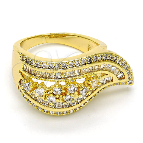 Oro Laminado Multi Stone Ring, Gold Filled Style Baguette Design, with White Cubic Zirconia and White Micro Pave, Polished, Golden Finish, 01.99.0063.10 (Size 10)