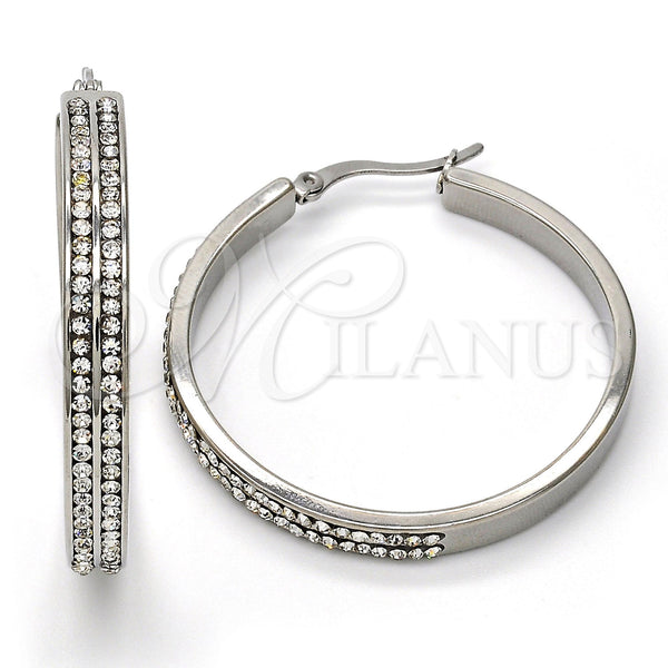 Stainless Steel Hoop Earrings — Medium Hoop with White Crystal Polished 02. — main product view — SKU 108756 | Acero Inoxidable aretes de aro — Medium Hoop with cristal blanco pulido 02. — SKU 108756