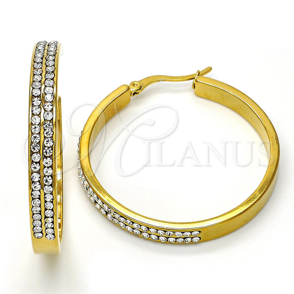 Stainless Steel Hoop Earrings — Medium Hoop with White Crystal Polished 02. — main product view — SKU 108757 | Acero Inoxidable aretes de aro — Medium Hoop with cristal blanco pulido 02. — SKU 108757