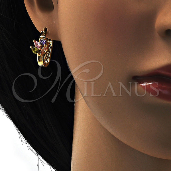 Gold Filled Hoop Earrings — Small Hoop Leaf Design with Multicolor Cubic Zirconia — alternate product view — SKU 108758 | Oro Laminado aretes de aro — Small Hoop Leaf diseño with Multicolor Cubic Zirconia — SKU 108758