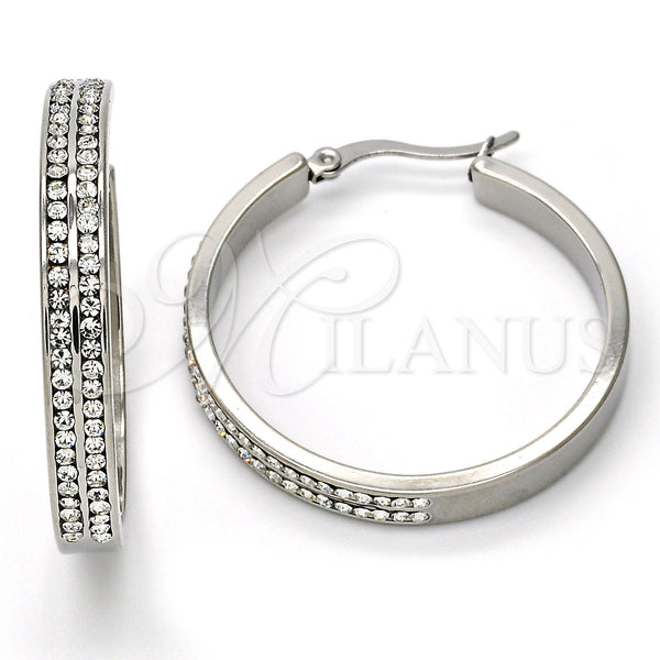 Stainless Steel Hoop Earrings — Medium Hoop with White Crystal Polished 02. — main product view — SKU 108759 | Acero Inoxidable aretes de aro — Medium Hoop with cristal blanco pulido 02. — SKU 108759