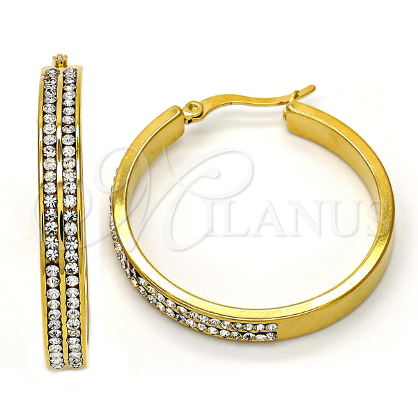 Stainless Steel Hoop Earrings — Medium Hoop with White Crystal Polished 02. — main product view — SKU 108760 | Acero Inoxidable aretes de aro — Medium Hoop with cristal blanco pulido 02. — SKU 108760