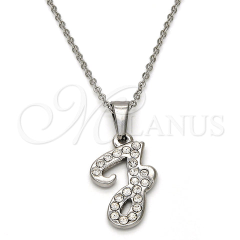 Stainless Steel Pendant Necklace, Initials and Rolo Design, with White Crystal, Polished, Steel Finish, 04.238.0032.18 (01 MM Thickness, 18 Inches Length)