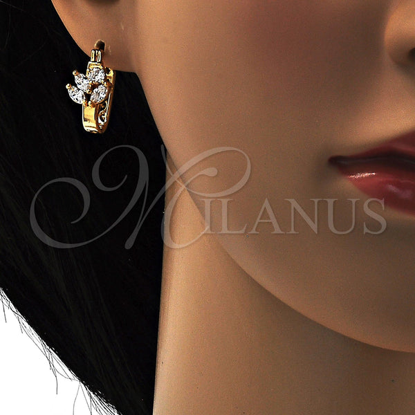 Gold Filled Hoop Earrings — Small Hoop Leaf Design with White Cubic Zirconia — alternate product view — SKU 108786 | Oro Laminado aretes de aro — Small Hoop Leaf diseño with blanco Cubic Zirconia — SKU 108786