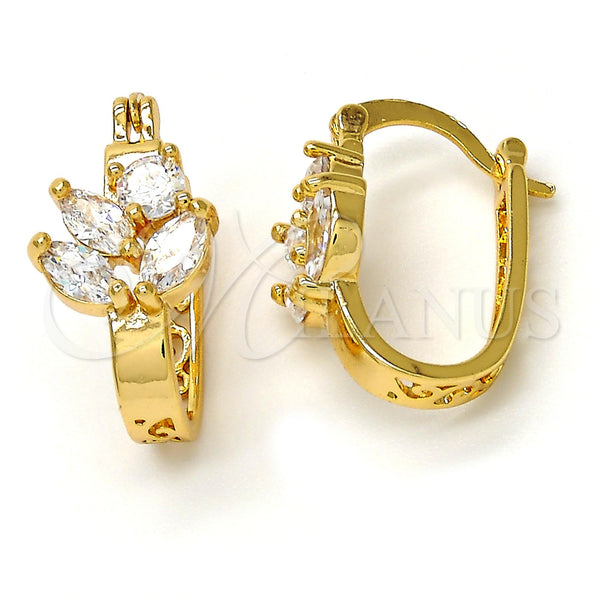 Gold Filled Hoop Earrings — Small Hoop Leaf Design with White Cubic Zirconia — main product view — SKU 108786 | Oro Laminado aretes de aro — Small Hoop Leaf diseño with blanco Cubic Zirconia — SKU 108786