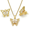 Oro Laminado Earring and Pendant Adult Set, Gold Filled Style Butterfly and Flower Design, with White Cubic Zirconia, Polished, Golden Finish, 10.196.0006
