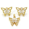 Oro Laminado Earring and Pendant Adult Set, Gold Filled Style Butterfly and Flower Design, with White Cubic Zirconia, Polished, Golden Finish, 10.196.0006