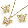 Oro Laminado Earring and Pendant Adult Set, Gold Filled Style Butterfly and Flower Design, with White Cubic Zirconia, Polished, Golden Finish, 10.196.0006