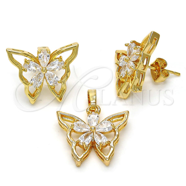 Oro Laminado Earring and Pendant Adult Set, Gold Filled Style Butterfly and Flower Design, with White Cubic Zirconia, Polished, Golden Finish, 10.196.0006
