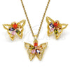 Oro Laminado Earring and Pendant Adult Set, Gold Filled Style Butterfly and Flower Design, with Multicolor Cubic Zirconia, Polished, Golden Finish, 10.196.0006.1