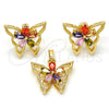 Oro Laminado Earring and Pendant Adult Set, Gold Filled Style Butterfly and Flower Design, with Multicolor Cubic Zirconia, Polished, Golden Finish, 10.196.0006.1