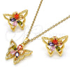 Oro Laminado Earring and Pendant Adult Set, Gold Filled Style Butterfly and Flower Design, with Multicolor Cubic Zirconia, Polished, Golden Finish, 10.196.0006.1