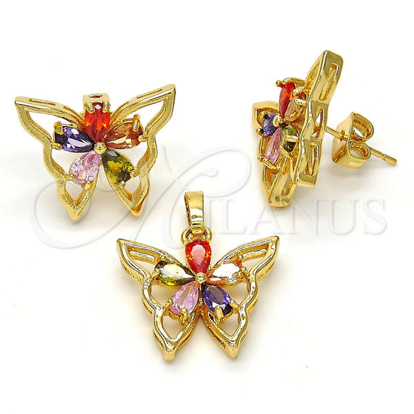 Oro Laminado Earring and Pendant Adult Set, Gold Filled Style Butterfly and Flower Design, with Multicolor Cubic Zirconia, Polished, Golden Finish, 10.196.0006.1