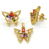Oro Laminado Earring and Pendant Adult Set, Gold Filled Style Butterfly and Flower Design, with Multicolor Cubic Zirconia, Polished, Golden Finish, 10.196.0006.1