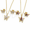 Oro Laminado Earring and Pendant Adult Set, Gold Filled Style Butterfly and Flower Design, with Multicolor Cubic Zirconia, Polished, Golden Finish, 10.196.0006.1