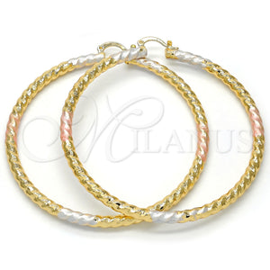 Gold Filled Hoop Earrings — Large Hoop Hollow and Twist Design Polished Tricolor — main product view — SKU 108836 | Oro Laminado aretes de aro — Large Hoop Hollow and Twist diseño pulido Tricolor — SKU 108836