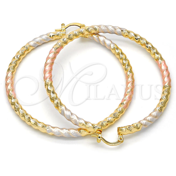 Gold Filled Hoop Earrings — Large Hoop Twist and Hollow Design Polished Tricolor — alternate product view — SKU 108846 | Oro Laminado aretes de aro — Large Hoop Twist and Hollow diseño pulido Tricolor — SKU 108846