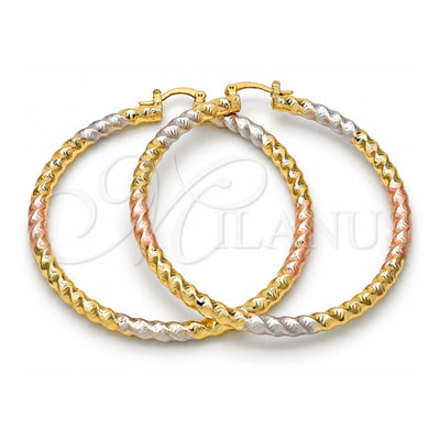 Oro Laminado Large Hoop, Gold Filled Style Twist and Hollow Design, Polished, Tricolor, 02.170.0108.1.60