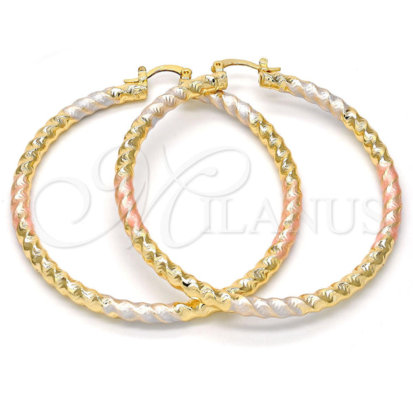Gold Filled Hoop Earrings — Large Hoop Twist and Hollow Design Polished Tricolor — main product view — SKU 108846 | Oro Laminado aretes de aro — Large Hoop Twist and Hollow diseño pulido Tricolor — SKU 108846
