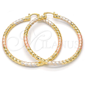 Gold Filled Hoop Earrings — Large Hoop Twist and Hollow Design Polished Tricolor — main product view — SKU 108846 | Oro Laminado aretes de aro — Large Hoop Twist and Hollow diseño pulido Tricolor — SKU 108846