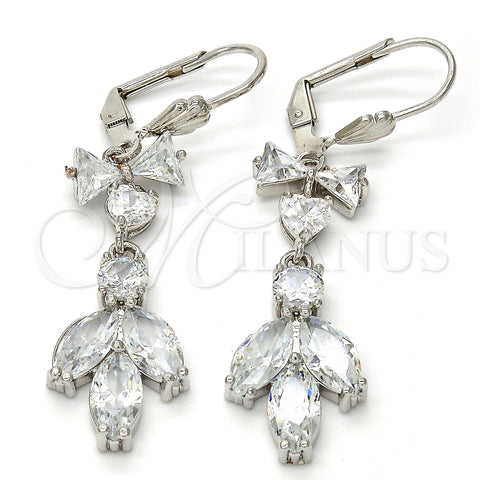 Rhodium Gold Filled Long Earring, Leaf and Heart Design, with White Cubic Zirconia, Polished, Rhodium Finish, 02.205.0055.5