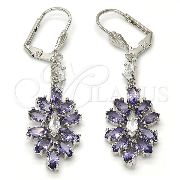 Rhodium Gold Filled Long Earring, Leaf Design, with Amethyst and White Cubic Zirconia, Polished, Rhodium Finish, 02.205.0057.8