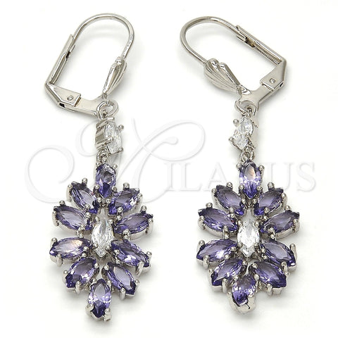 Rhodium Gold Filled Long Earring, Leaf Design, with Amethyst and White Cubic Zirconia, Polished, Rhodium Finish, 02.205.0057.8