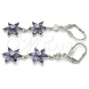 Rhodium Plated Long Earring, Flower Design, with Amethyst and White Cubic Zirconia, Polished, Rhodium Finish, 02.205.0058.7