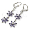 Rhodium Plated Long Earring, Flower Design, with Amethyst and White Cubic Zirconia, Polished, Rhodium Finish, 02.205.0058.7