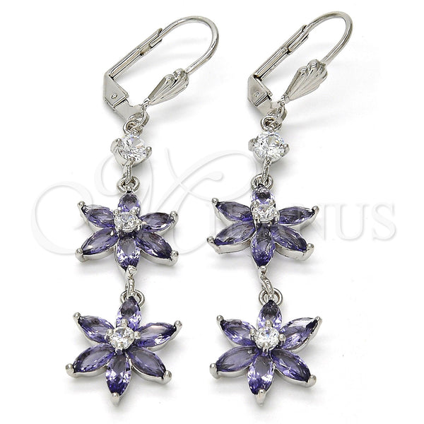 Rhodium Plated Long Earring, Flower Design, with Amethyst and White Cubic Zirconia, Polished, Rhodium Finish, 02.205.0058.7