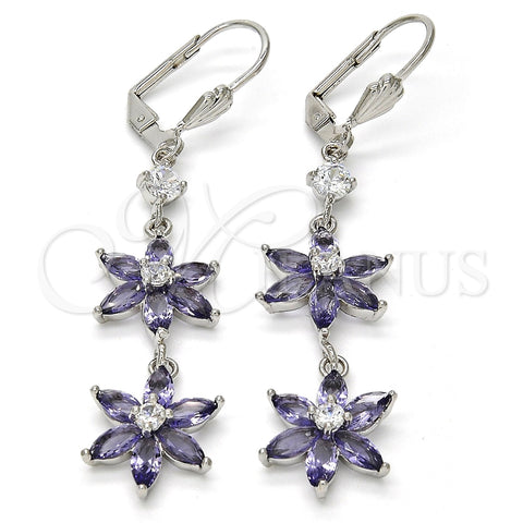 Rhodium Gold Filled Long Earring, Flower Design, with Amethyst and White Cubic Zirconia, Polished, Rhodium Finish, 02.205.0058.7