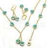 Oro Laminado Earring and Pendant Children Set, Gold Filled Style Heart Design, with White Crystal, Turquoise Enamel Finish, Golden Finish, 06.60.0003