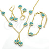 Oro Laminado Earring and Pendant Children Set, Gold Filled Style Heart Design, with White Crystal, Turquoise Enamel Finish, Golden Finish, 06.60.0003