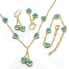 Oro Laminado Earring and Pendant Children Set, Gold Filled Style Heart Design, with White Crystal, Turquoise Enamel Finish, Golden Finish, 06.60.0003