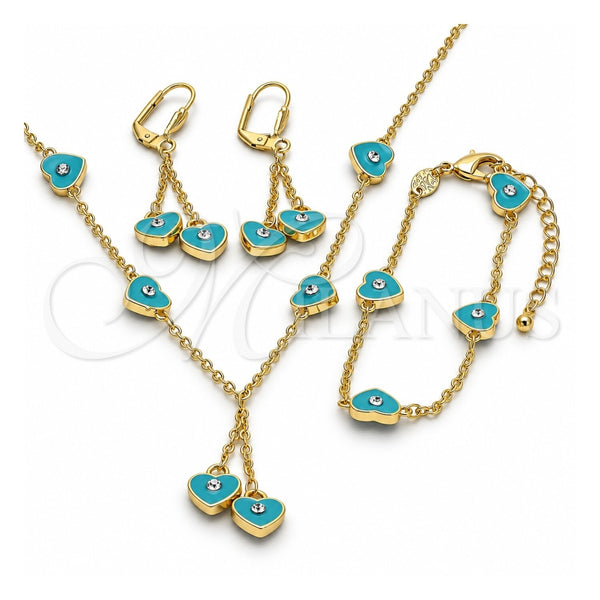 Oro Laminado Earring and Pendant Children Set, Gold Filled Style Heart Design, with White Crystal, Turquoise Enamel Finish, Golden Finish, 06.60.0003