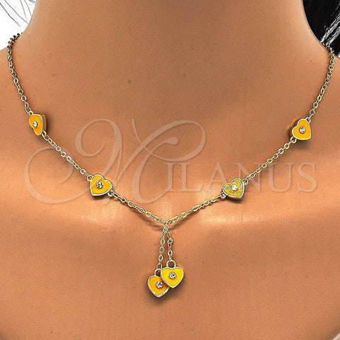 Oro Laminado Earring and Pendant Children Set, Gold Filled Style Heart Design, with White Crystal, Yellow Enamel Finish, Golden Finish, 06.60.0003.2