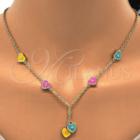 Oro Laminado Earring and Pendant Children Set, Gold Filled Style Heart Design, with White Crystal, Multicolor Enamel Finish, Golden Finish, 06.60.0003.4