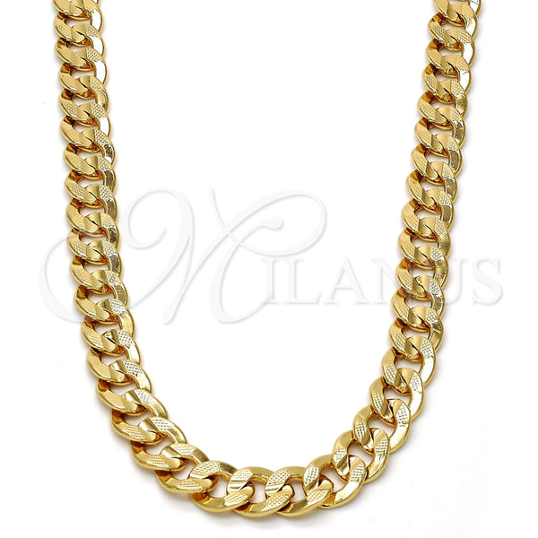 Gold Tone Basic Necklace, Pave Cuban Design, Polished, Golden Finish, 04.242.0039.30GT (200 Gauge, 08 MM Thickness, 30 Inches Length)