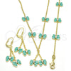 Oro Laminado Earring and Pendant Children Set, Gold Filled Style Butterfly Design, with White Crystal, Turquoise Enamel Finish, Golden Finish, 06.60.0004