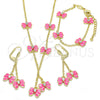 Oro Laminado Earring and Pendant Children Set, Gold Filled Style Butterfly Design, with White Crystal, Pink Enamel Finish, Golden Finish, 06.60.0004.1