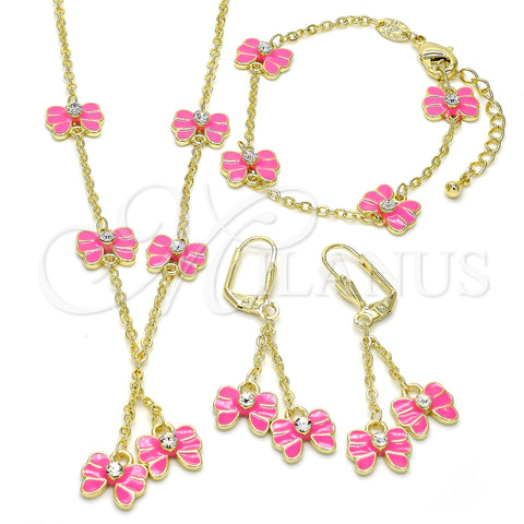 Oro Laminado Earring and Pendant Children Set, Gold Filled Style Butterfly Design, with White Crystal, Pink Enamel Finish, Golden Finish, 06.60.0004.1