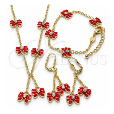 Oro Laminado Earring and Pendant Children Set, Gold Filled Style Butterfly Design, with White Crystal, Red Enamel Finish, Golden Finish, 06.60.0004.3